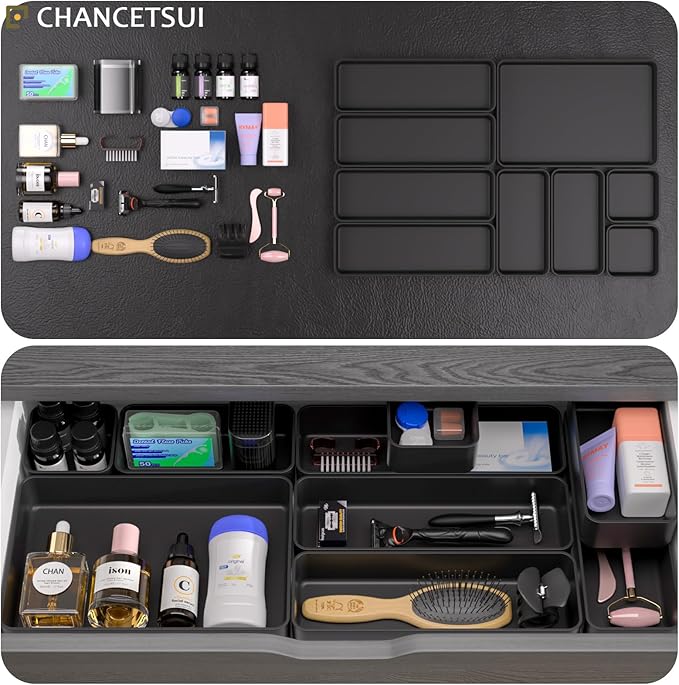 Black Bathroom Drawer Organizer Trays: 9 PC Stackable Desk Organizers Bin | - Image 4