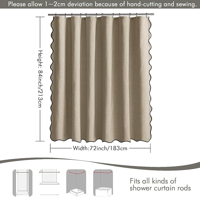 MIULEE 72"x84" Extra Long Scalloped Linen Shower Curtain Khaki - Image 6
