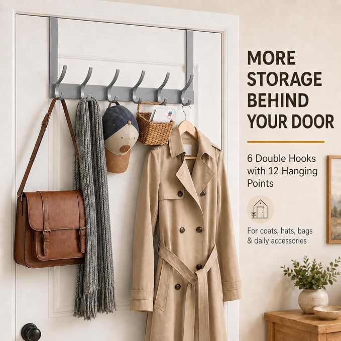 Peasulin Over The Door Hooks, 2 Pack Grey Door Hanger Rack | - Image 5