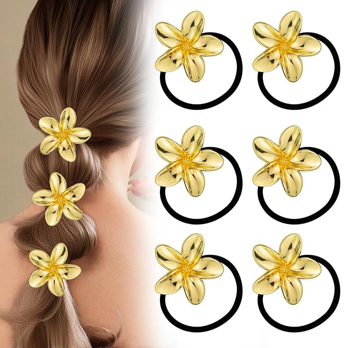 6PCS Gold Floral Hair Ties - Hair Charms Gold Ponytail Holders, Decorative Metal Hair Cuffs for Women