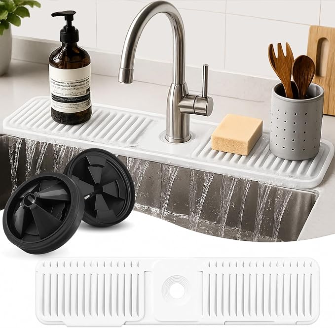 24 Inch Silicone Faucet Mat for Kitchen Sink Splash Guard, W/Sink Baffle | by Unknown