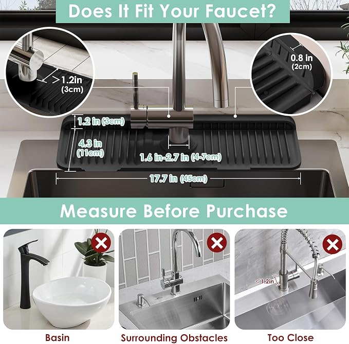 17.7-Inch Silicone Faucet Mat for Kitchen Sink Splash Guard, 7° Slope | - Image 2
