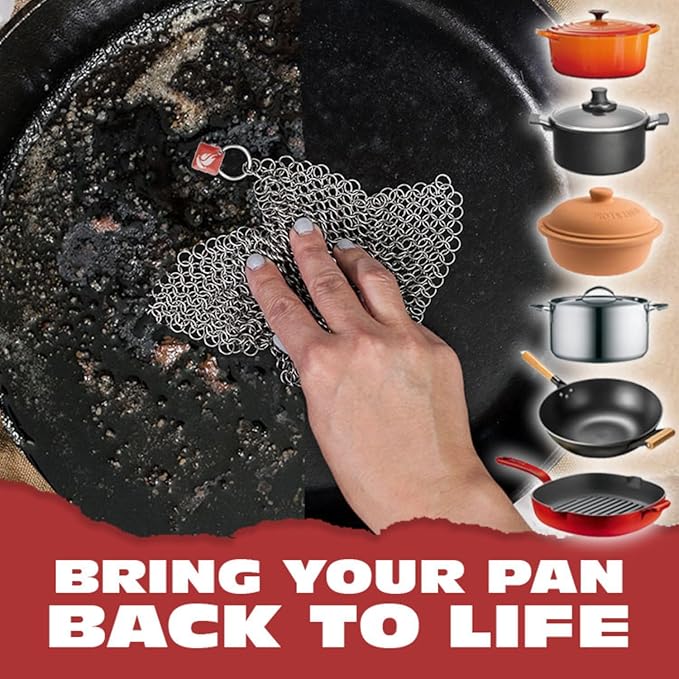 Knapp Made CM Scrubber 9"x6" Small Ring Cast Iron Scrubber - Cast Iron Cleaner for Hard Anodized Cookware, Pre-Seasoned Pans, Dutch Ovens, Iron Pans, Grills and Skillet. Chain Mail Scrubber Cast Iron