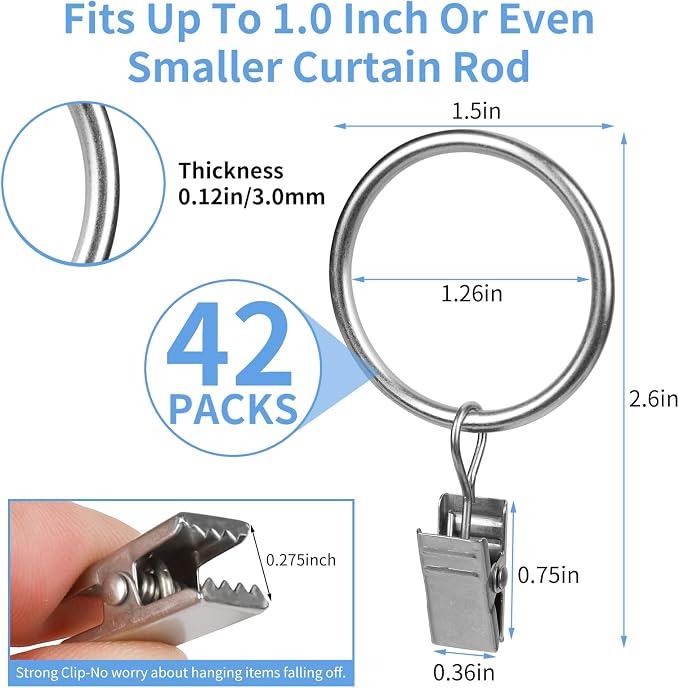Curtain Rings with Clips, 42 Pack Metal Drapery Rings with Clips Hooks Hangers - Image 2