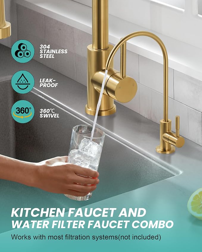Kitchen Faucet and Water Filter Faucet: Brushed Gold Kitchen Sink Faucet - Image 5