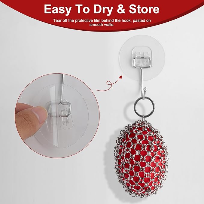 Cast Iron Scrubber Cleaner, Rugby Shape Scrubber Chain Mail with Silicone Core, Cast Iron Skillet Cleaner Cleaning Care Kit Perfect for Cast Iron Cookware,Skillet,Woks - Red