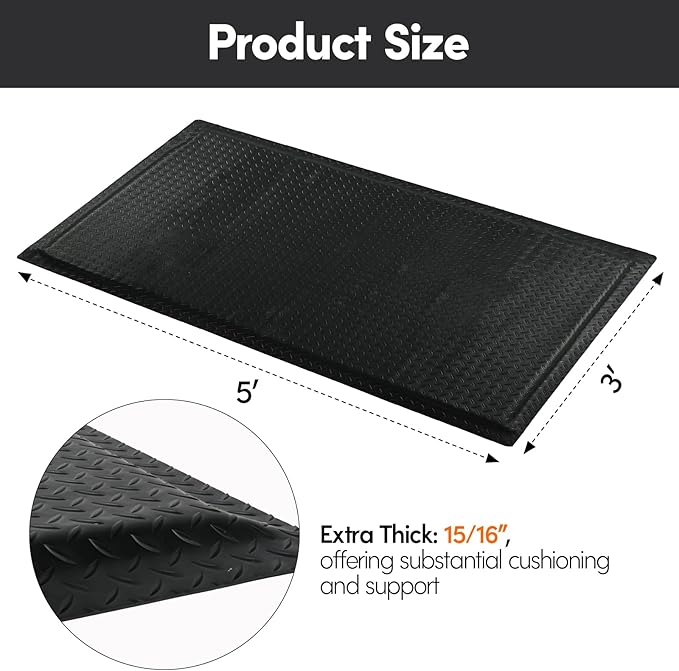 Anti Fatigue Mats Industrial 3' x 5' 15/16" Thick Ergonomic Standing Mat Commercial Kitchen Mat Heavy Duty Diamond Plate Cushioned Shop Floor Mats Helps Relieve Back and Leg Soreness