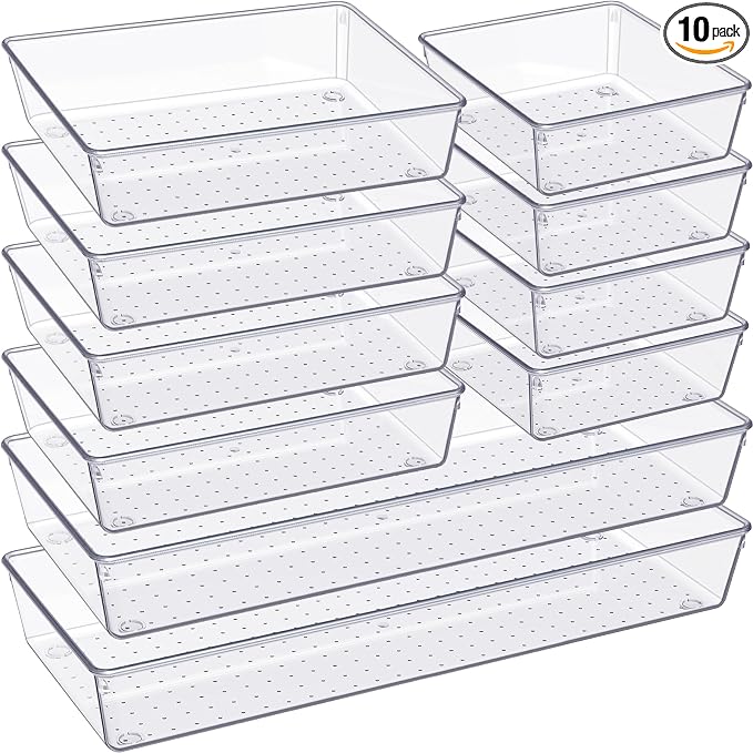 Drawer Organizer, 10 Pack Large Clear Plastic Set, 3 Size Versatile Bathroom by Criusia
