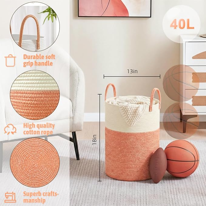 Laundry Basket, Woven Cotton Rope Laundry Hamper, 40L - Image 6
