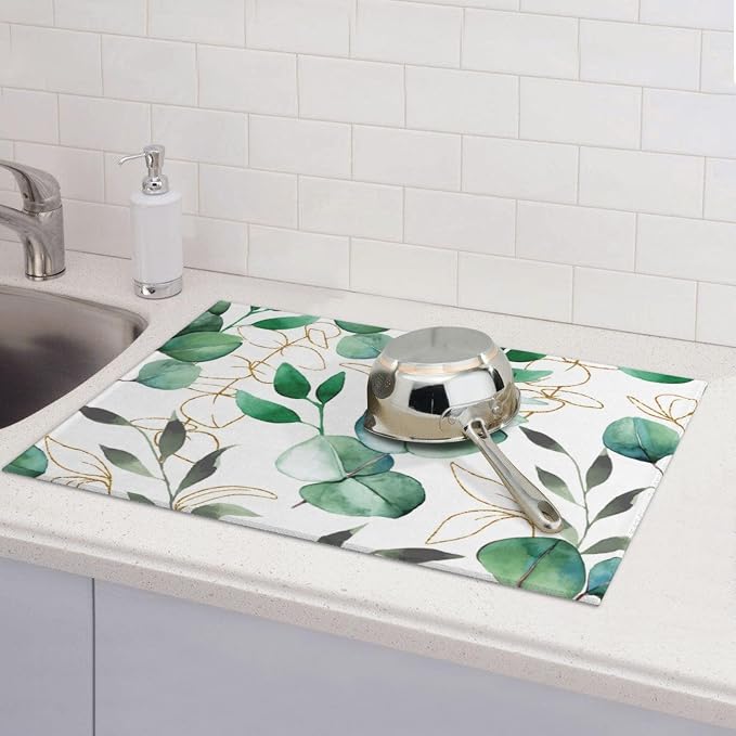 Green Leaves Dish Drying Mat For Kitchen Counter, Super Absorbent Microfiber - Image 7