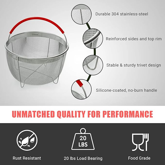 Original Salbree Steamer Basket for 8 qt quart Instant Pot Accessories, Stainless Steel Strainer and Insert fits IP Insta Pots, Instapot, Other Pressure Cookers, with Silicone Handle [3qt 6qt avail]