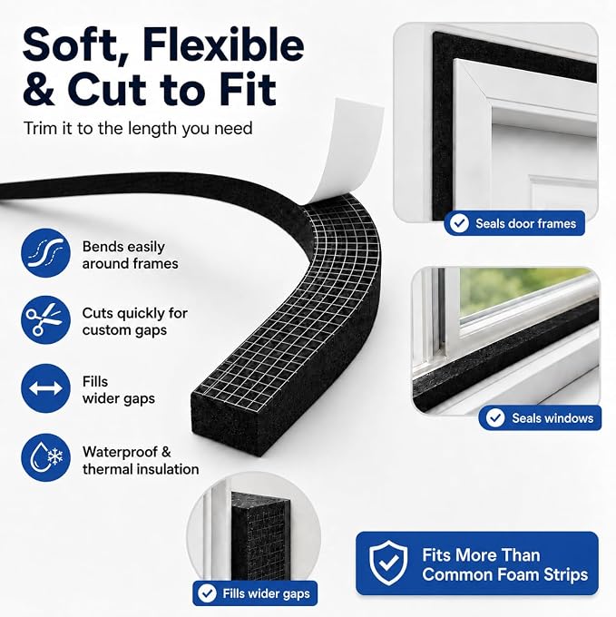 1" x 2" EVA Foam Weather Stripping Tape, 13FT Self-Adhesive Foam Seal Strip - Image 3