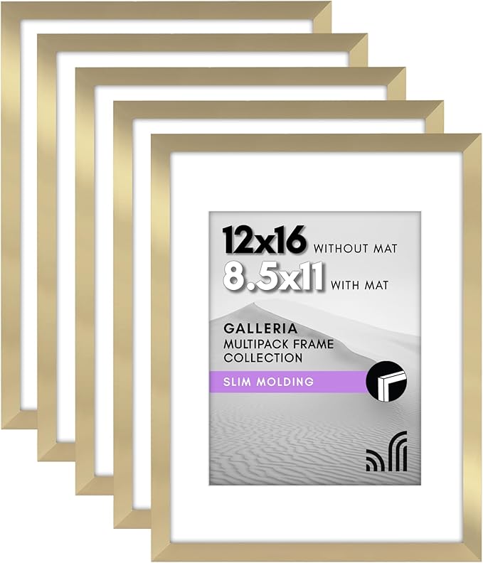 Americanflat 12x16 Picture Frame with Polished Plexiglass - Set of 5 - Use as 8.5x11 Frame with Mat or Display 12x16 Photo Without Mat - Galleria Collection - Picture Frames for Wall Display - Gold