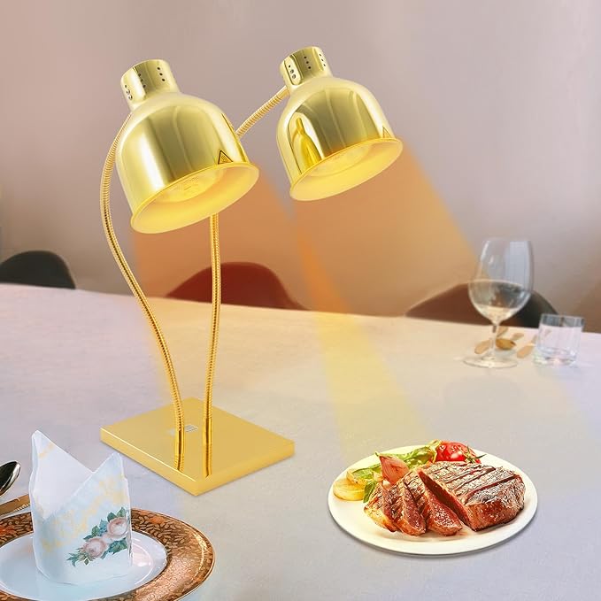 Food Heat Lamp Warmer Gold, 500W Double Bulbs Buffet Display Heating Preservation Light, Lighting for Food Buffet, Electric Portable Infrared Heating Lamp with 360°Adjustable Head (Gold)