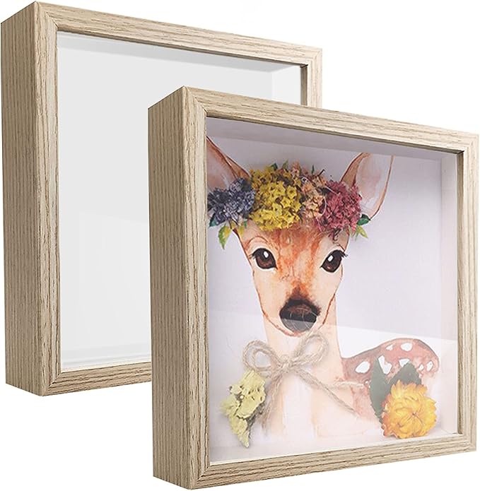 8x8 Shadow Box Frame Display Case, Wood with Plexiglass, Display Case Box for Memorabilia, Medal, Crafts,Tickets and Photos, Picture Frame for Wall and Tabletop (2pcs-Natural Wood, 8x8)