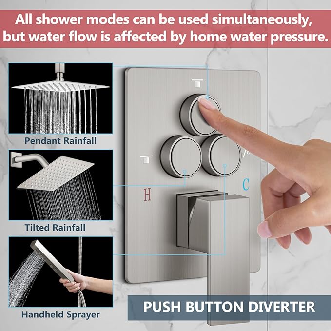 Aolemi Shower Faucet Set Ceiling Mount Shower System Rough-in Valve and Shower Trim Kit 2 in 1 Handheld Spray Push Button Diverter 12 and 6 Inch Dual Shower Head Brushed Nickel