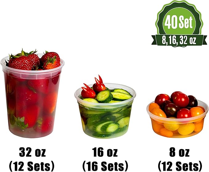 SafeWare Deli Containers with Airtight Lids 40 Set (8oz-12, 16oz-16, 32oz-12 Set) Perfect for Slime, Portion Control, Microwavable, Dishwasher, Freezer Safe, Leakproof, Stackable