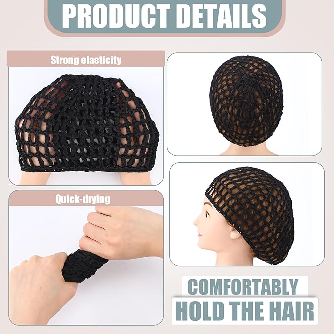 Geyoga 4 Pieces Mesh Crochet Hair Net Rayon Knit Snood Hat Thick Short Women Hairnet Snoods Cover Ornament for Sleeping (Pink,Black)