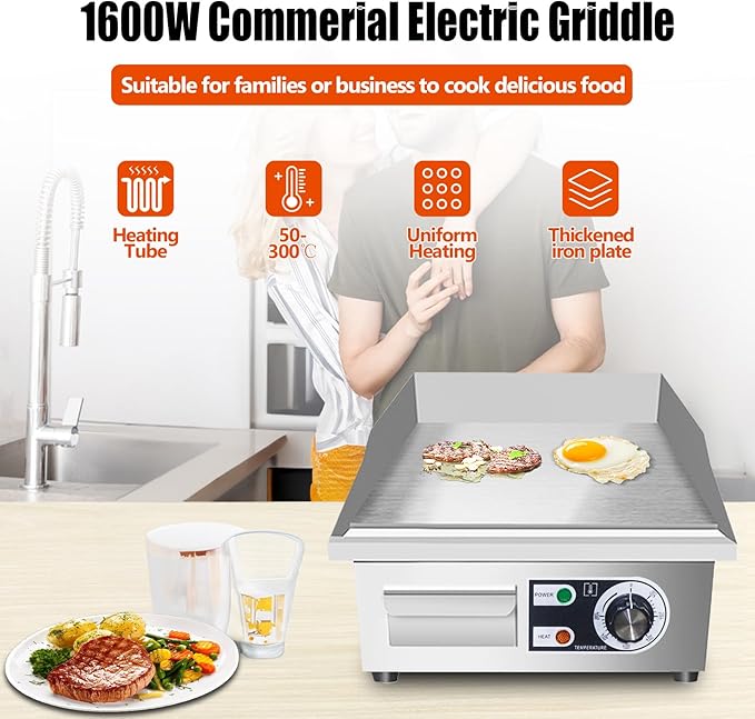14" Commercial Electric Griddle,Electric Countertop Flat Top Griddle,110V 1500W Electric Flat Top Grill,Non-Stick Restaurant Teppanyaki Stainless Steel Grill,Adjustable Temperature Control