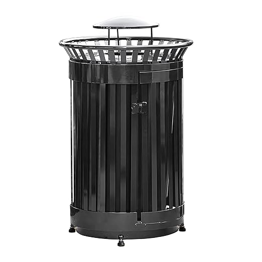 45 Gallon Black Trash Can with Lid and Door, Outdoor Heavy-Duty Commercial Waste Bin Steel Slatted, Round Recycle Container, Durable Garbage Can for Parks, Municipalities, Schools, Parking