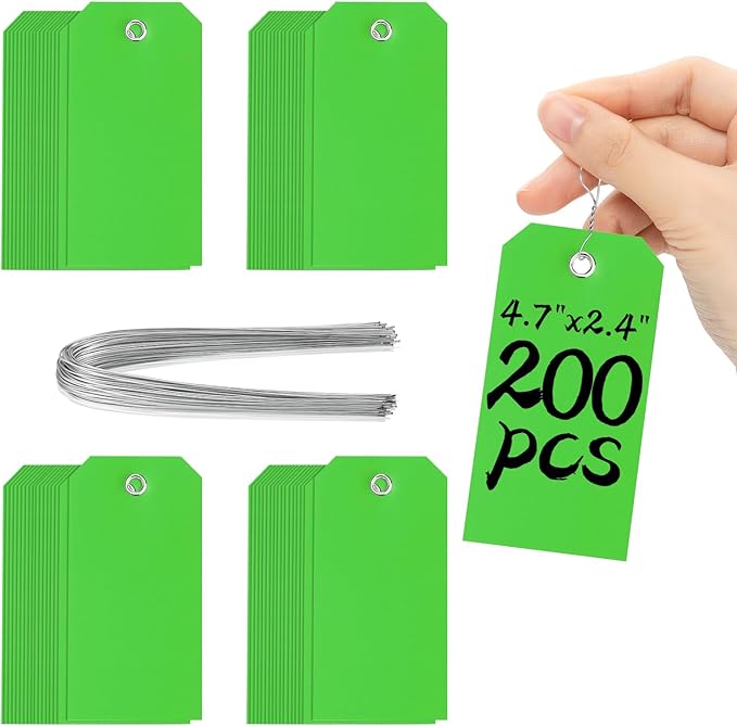 XUWAIDSGN 200 Pieces 4 3/4" x 2 3/8" Green Plastic Shipping Tags with Wire - Durable, Waterproof, Writable for Inventory, Luggage, Garage, Parts
