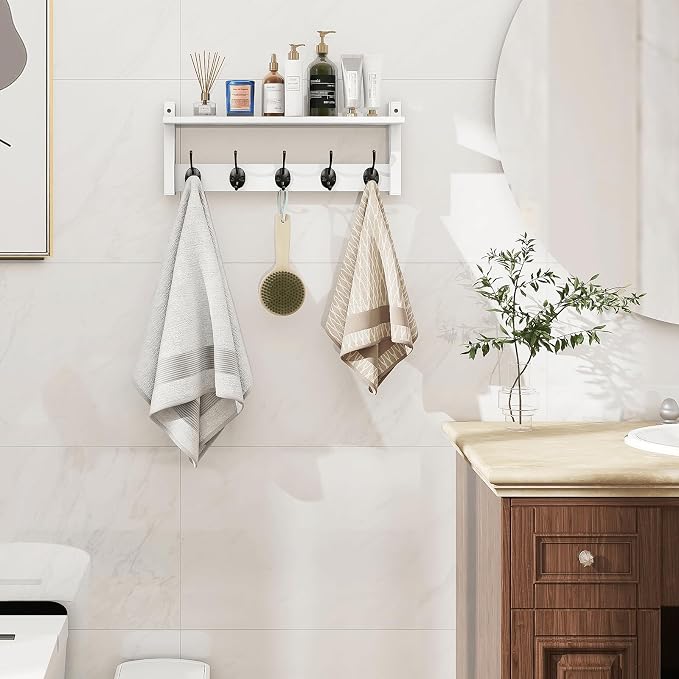 Wall Shelf with Hooks, Coat Rack Wall Mount with Pegs, Hanging Entryway Coat - Image 4
