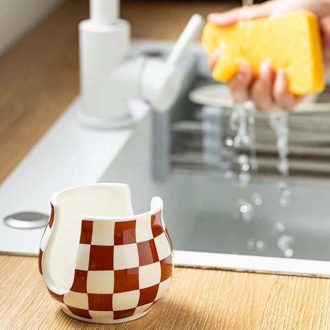 Zoeeker Sponge Holder for Kitchen Sink, Ceramic Checkered Dish Sponge Caddy - Image 5
