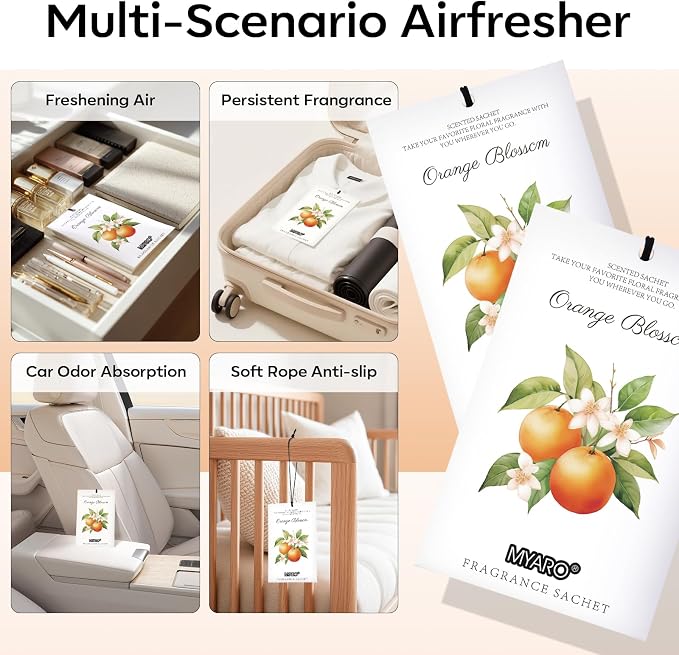 MYARO 12 Pack Orange Scented Sachets, Closet Deodorizer Car Air Freshener - Image 3