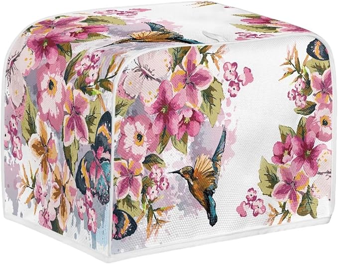 Hummingbird Flower Print Toaster 4 Slice Cover Stain Resistant Bread Maker Cover Dust Fingerprint Protection Kitchen Home Decor