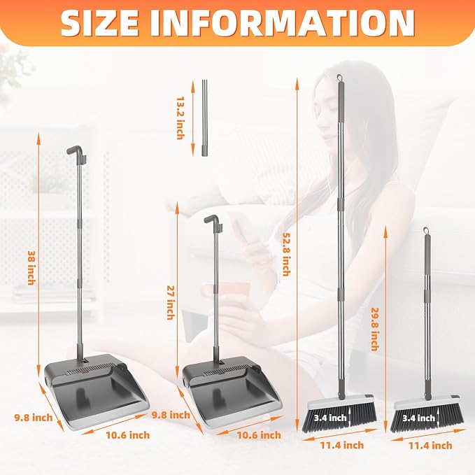 Broom with Dustpan Combo Set, Lightweight Standing Metal Dust Pan with Teeth - Image 2