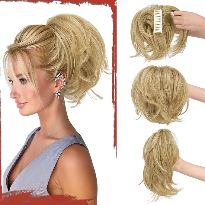 SOFEIYAN Claw Clip Short Ponytail Extension DIY Bendable Wires Hair Bun Fluffy Fake Hair Piece Straight Synthetic Hair Ponytail Extensions for Wonen - Honey Blonde/Platinum Blonde