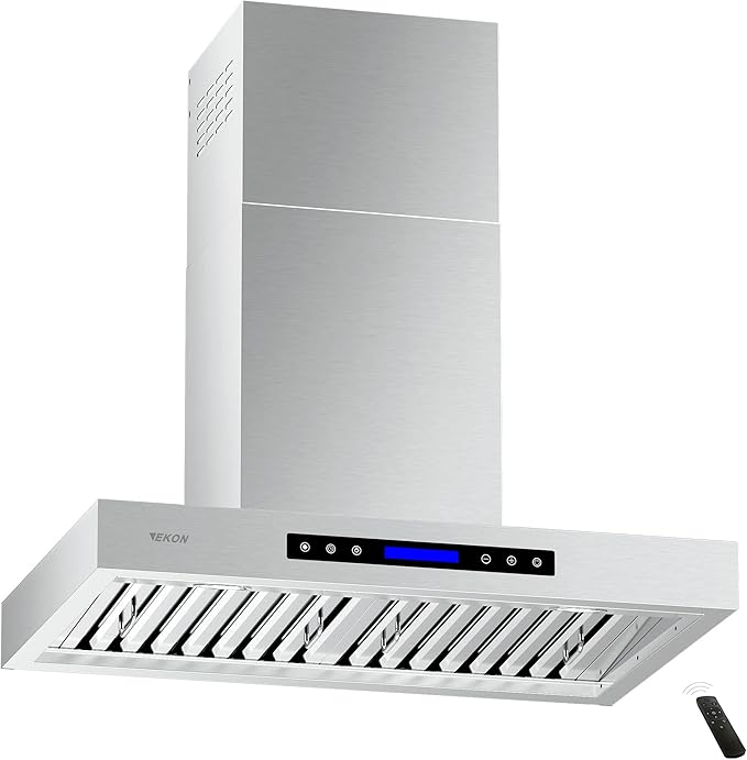 EKON 900 CFM Range Hood Stainless Steel 36 inch Kitchen Hood Vent With 4 Speeds Touch Panel Control LCD Display and Remote / 2 Pcs 3W Led Lights / 3 Pcs Baffle Filters NAP01-36N