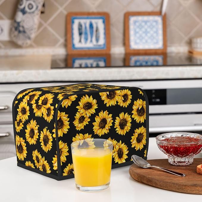 Sunflower Stylish Black 2 Slice Toaster Cover, Waterproof Toaster Dust Cover Bread Maker Protective For Small Kitchen Appliance Dining Room Home Table Decor Gifts