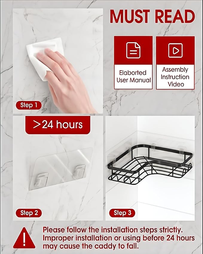 Sakugi Black Corner Shower Caddy Adhesive No Drilling Bathroom Shelves - Image 5
