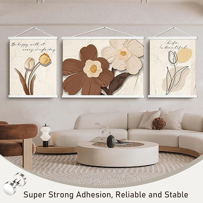 Artmag 2 Pack Magnetic Poster Hanger Frame, 19x19 19x13 19x25 Light Wood Wooden Magnet Canvas Artwork Print Dowel Poster Hangers Frames Hanging Kit (White, 19",2 Packs)