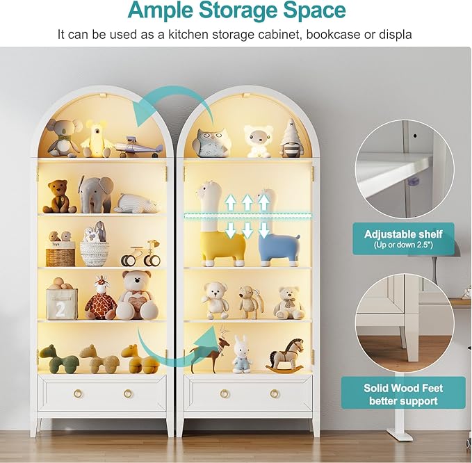 Lvifur 73" Tall Arched Display Cabinet with Glass Doors,4-Tier Curio Cabinets with 3 Color Lights for Collectibles,LED Storage Cabinet with Human Body Sensor,Ajustable Shelf for Toys, Books,White