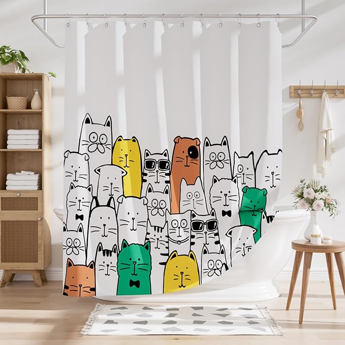 AmazerBath Shower Curtain, Washable Cute Kitty Carnival Cloth Shower Curtain Set - Image 8