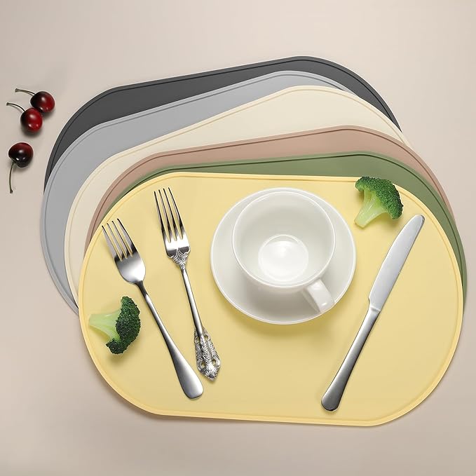 uxcell 4 Pcs Oval Silicone Placemat, 15.4" x 10.4" Non-Slip Washable Table Placemats Heat Resistant Waterproof Mat with High Edge for Table Kitchen Desk Protection, Brown Red