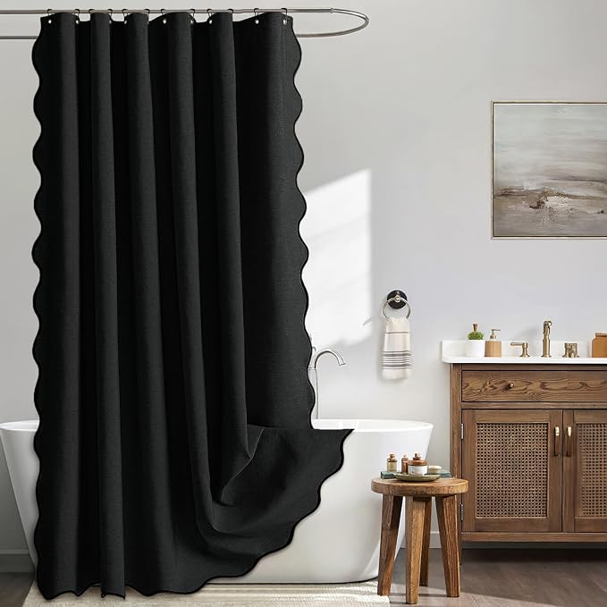 MIULEE Black Scalloped Linen Shower Curtain 72x72 Inches by MIULEE