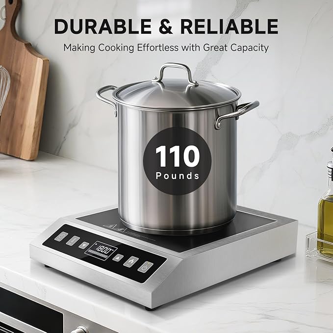 AMZCHEF Induction-Cooktop-Commercial: 1800W Induction Burner with Large 8" Heating Coil, Portable Hot Plate with 8 Temperature & Power Levels, LCD Screen & 10 Hour Timer