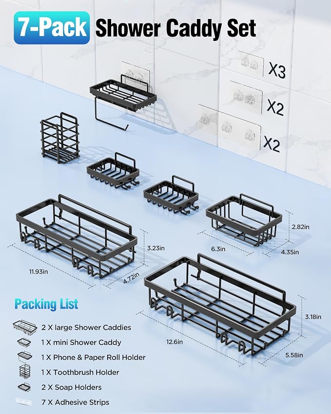 Shower Caddy 7 Pack, Adhesive Bathroom Shower Organizer - Image 6