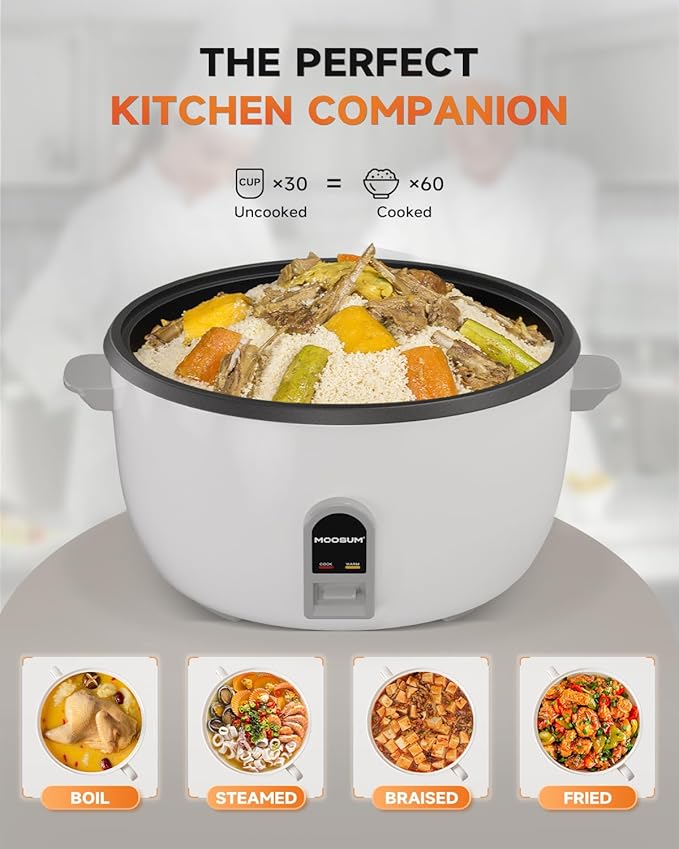 Commercial Rice Cooker, Large Capacity 30-Cup (UnCooked), 60-Cup (Cooked) with One Touch Operation and 12-Hour Keep Warm, Easy to Use and clean,1600W