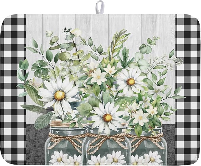 Daisy Floral Dish Drying Mat for Kitchen Counter Watercolor Flowers Absorbent by Kawani