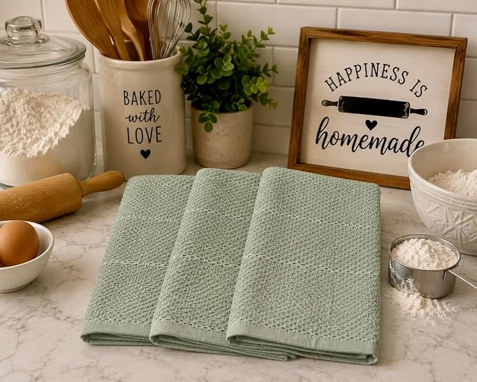 Sage Green Kitchen Hand Dish Towels, 100% Cotton - Image 4
