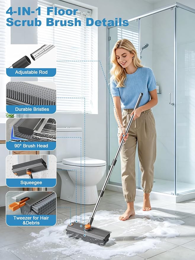 Floor Scrub Brush with Long Handle, 4 in 1 Shower Scrubber with Floor Squeegee - Image 3