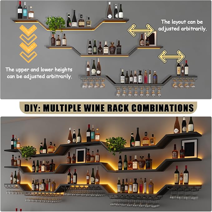 31.5in Modern LED Wine Rack Wall Mounted, 3-Tier Floating Bar Shelves with Wine Glass Rack, Large Hanging Liquor Shelf Wall Mounted, for Home Bar Dining Room Cafe Decorative (Black, 31.5in/80cm)