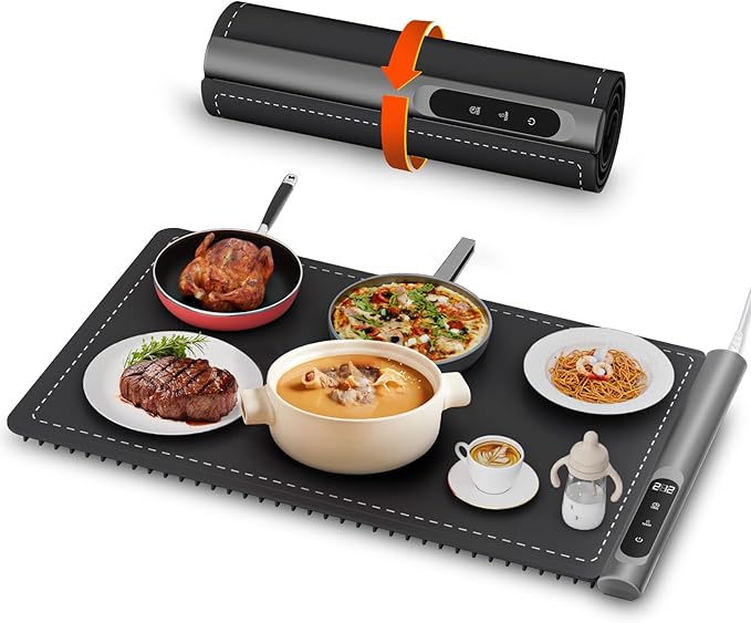 Upgrade Graphene Warming Mat for Food, Food Warming Mat for Countertop with 6 Temperature Settings and Timing Function, Portable Electric Warming Tray for Parties Buffet, Black