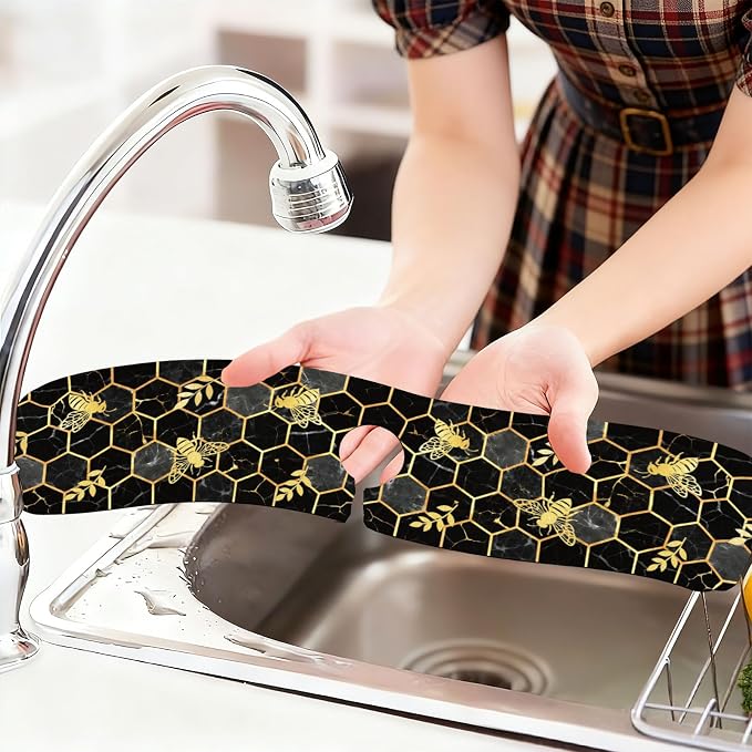 2 Pcs Marble Honeycomb Kitchen Sink Splash Guard Faucet Mat | Gold-edged Faucet - Image 6