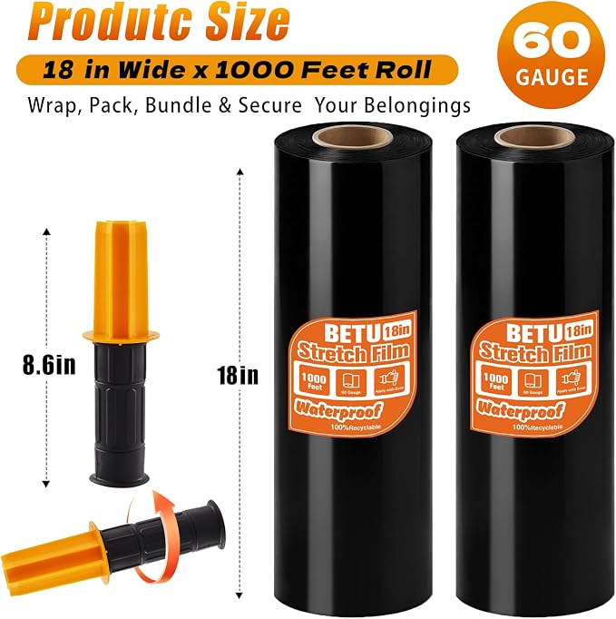 Black Stretch Film Shrink Wrap for Moving Supplies x 1000ft, Industrial - Image 2