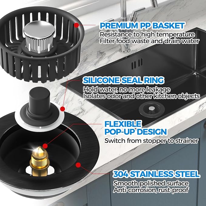 zaa 3 in 1 Kitchen Sink Drain Strainer Stopper Removable Basket Pop-Up - Image 5